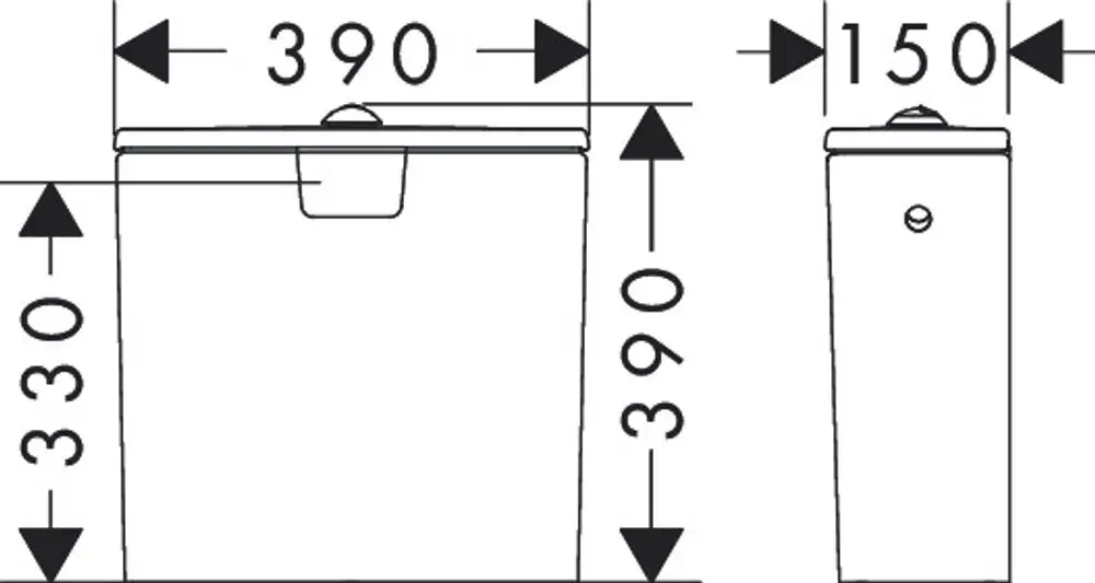 Weißer Aufsatzspülkasten mit seitlichem Wasseranschluss. Abmessungen: 390 mm Breite, 390 mm Höhe, 150 mm Tiefe. Herstellermarke: Hansgrohe.